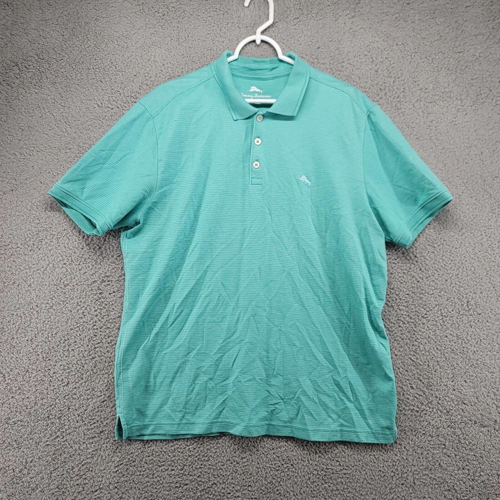 Tommy Bahama shirt Mens‎ Large Polo shirt Teal stripped golf